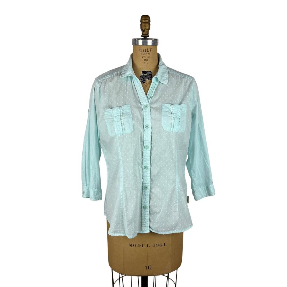 Woolrich Shirt Womens Large Light Blue Dotted Swiss 3 Quarter Sleeve Blouse